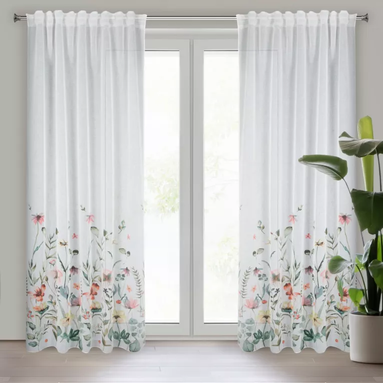 Zasłona biało, zielona z nadrukiem malowanych kwiatów z etaminy 140x270cm taśma DOLLY Eurofirany