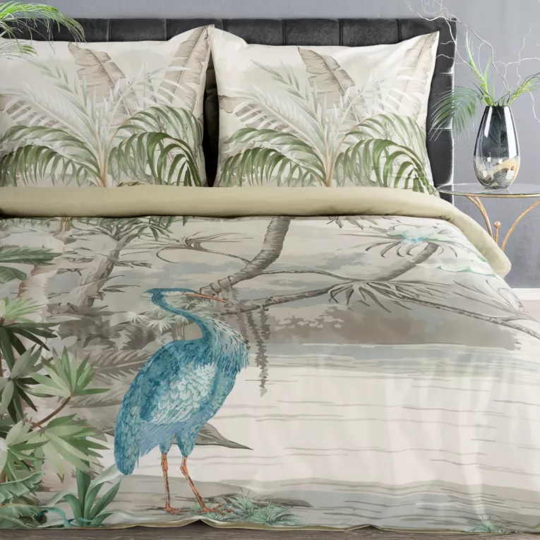 Pościel 160x200 bawełniana z makosatyny kolor beżowy, oliwkowy z botanicznym wzorem Reina Line Eurofirany