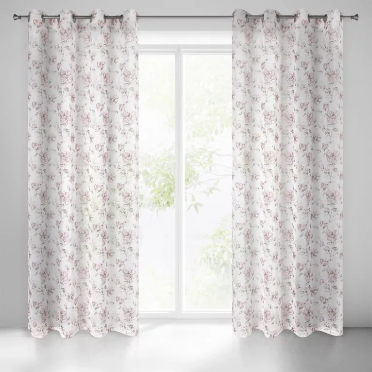 Dekoracja okienna biało, beżowa z matowej etaminy z malowanym kwiatowym wzorem 140x250 cm przelotka AMBER Eurofirany