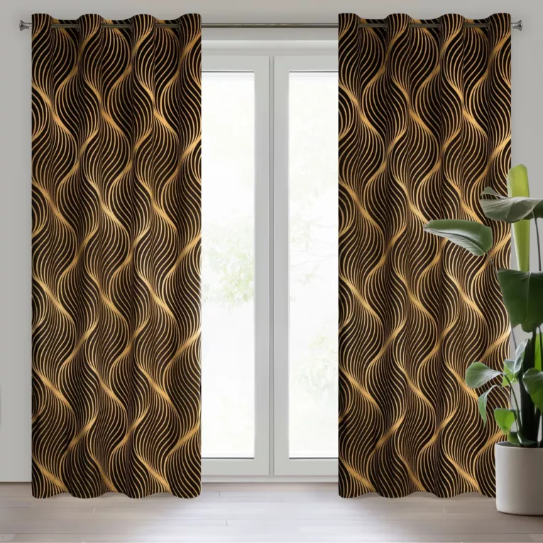 Zasłona VICTORIA 3 z welwetu ze złotym wzorem geometrycznym na przelotkach Limited Collection Eurofirany