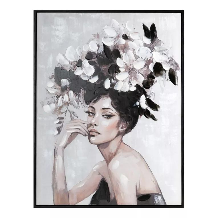 Obraz kremowo, czarny ręcznie malowanej kobiety z kwiatami na płótnie 60x80 cm Eurofirany