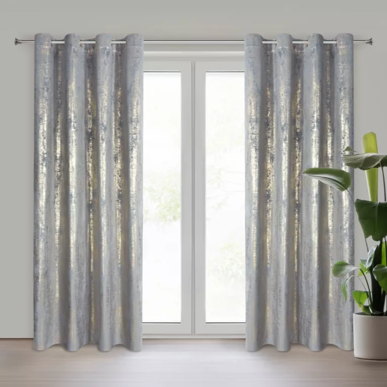 Zasłona srebrno, złota zdobiona błyszczącym przecieranym wzorem z welwetu 140x250 cm przelotka RENIA Eurofirany