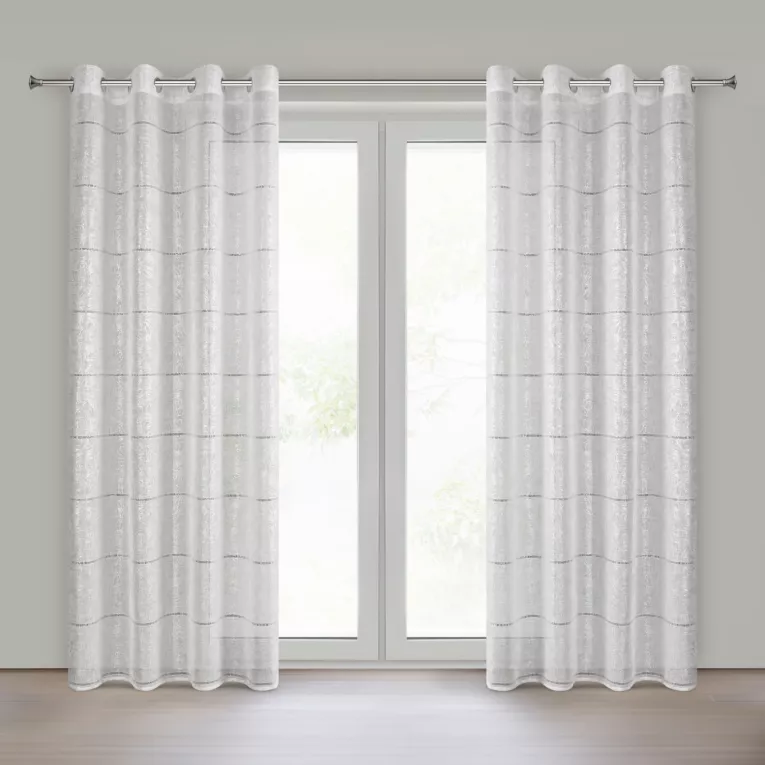Firana biało, srebrna zdobiona ażurowymi paskami i roślinnym nadrukiem 140x250 cm przelotka - KATY - Eurofirany