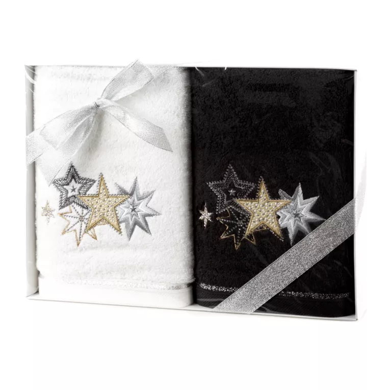 Zestaw ręczników światecznych bawełnianych 2 szt 50x90 cm kolor biały,czarny 420 g/m2 JOY 08 Eurofirany