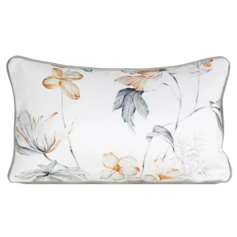 Poduszka 45 x 30 cm welwetowa biało, pomarańczowa z motywem roślinnym z wypustką na brzegach AMELIA EUROFIRANY PREMIUM