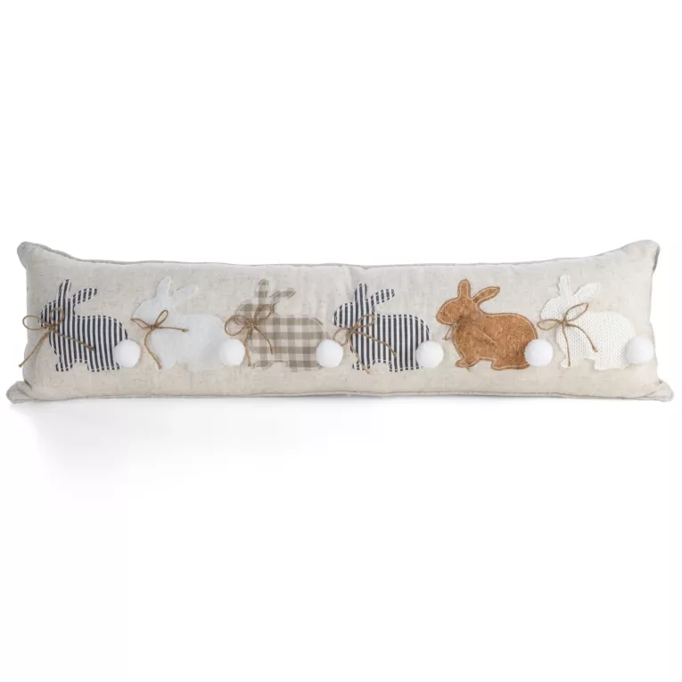 Poduszka z wypełnieniem 20x90 cm z dodatkiem lnu beżowo, biała zdobiona aplikacją zajączków WIOSNA 153 Eurofirany