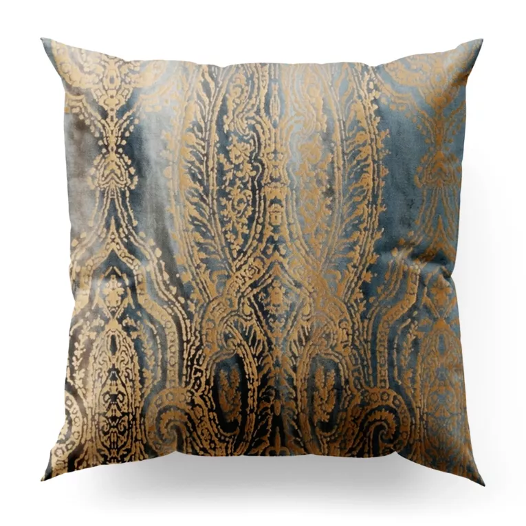 Poszewka szyta niebiesko złocista z grubej welwetowej tkaniny w elegancki połyskujący wzór