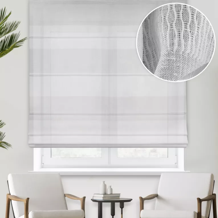 Roleta rzymska biała z matowej tkaniny przeszywana błyszczącą nicią