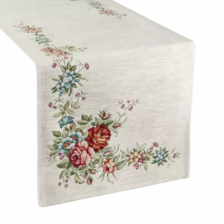 Bieżnik na stół 45x140 cm z grubszej tkaniny gobelinowej z nicią szenilową z motywem kwiatów