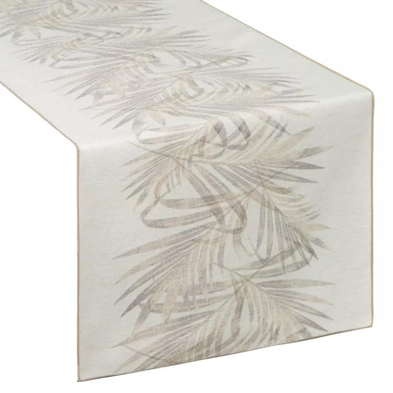 Bieżnik na stół beżowo, kremowy 40x140 cm INES z nadrukowanym motywem liści palmowych