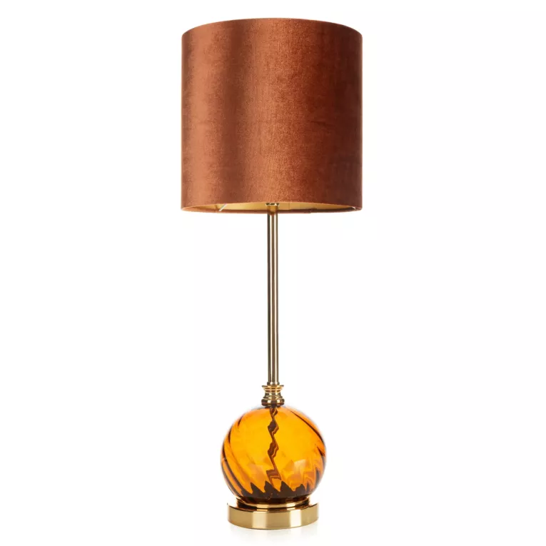 Lampa stołowa do salonu miedziano, złota VALERY zdobiona szklaną podstawą i welwetowym abażurem Eurofirany