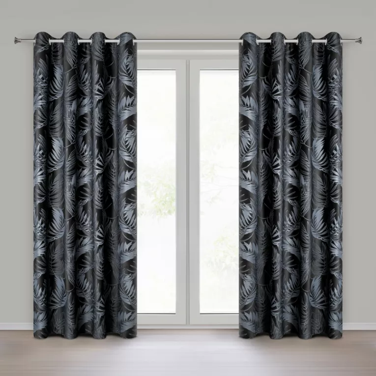 Zasłona czarna z welwetowej tkaniny z motywem roślinnym 140x250 cm - VERA Eurofirany
