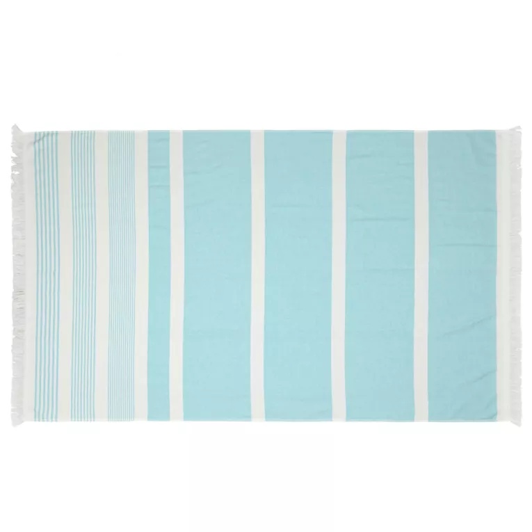 Ręcznik kąpielowy 90x170 cm bawełniany kolor turkusowy,biały z nadrukiem kontrastujących paseczków i frędzli 350 g/m2 KORFU Eurofirany
