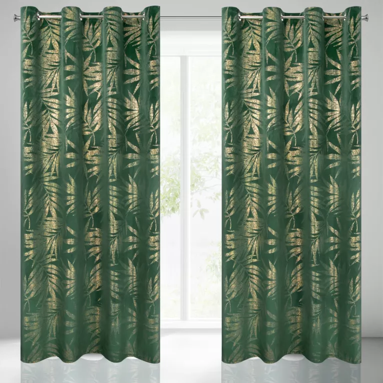 Elena ciemny zielony zasłona welwetowa w złote liście na przelotkach 140x250 cm