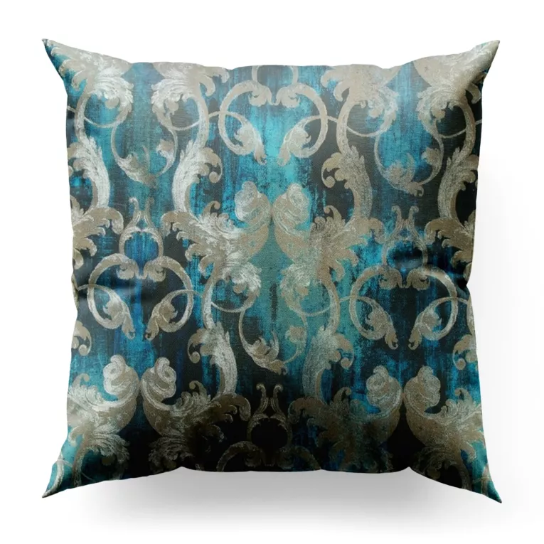 Poszewka szyta ciemnoturkusowo srebrna z miękkiej tkaniny w elegancki ornamentowy wzór