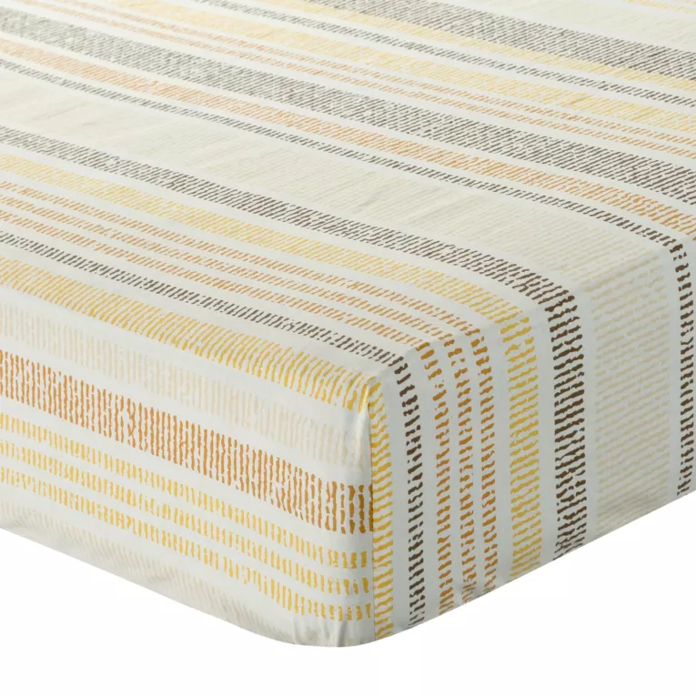Prześcieradło z gumką 180x200 cm z bawełny kolor musztardowy,biały wzór w paski 105 g/m2 PRINT Eurofirany