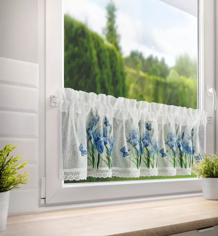 Zazdrostka biało, niebieska z etaminy w stylu prowansalskim z koronką 150x30 cm tunel ALA Eurofirany