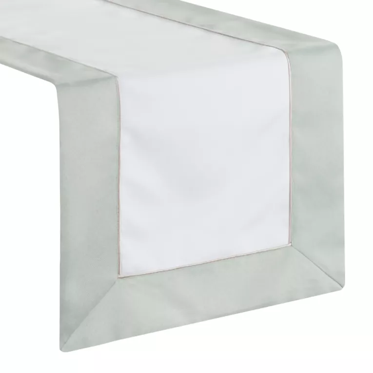 Bieżnik na stół naturalno, oliwkowy 40x180 cm z kolekcji SYLVIA kremowy z oliwkową listwą