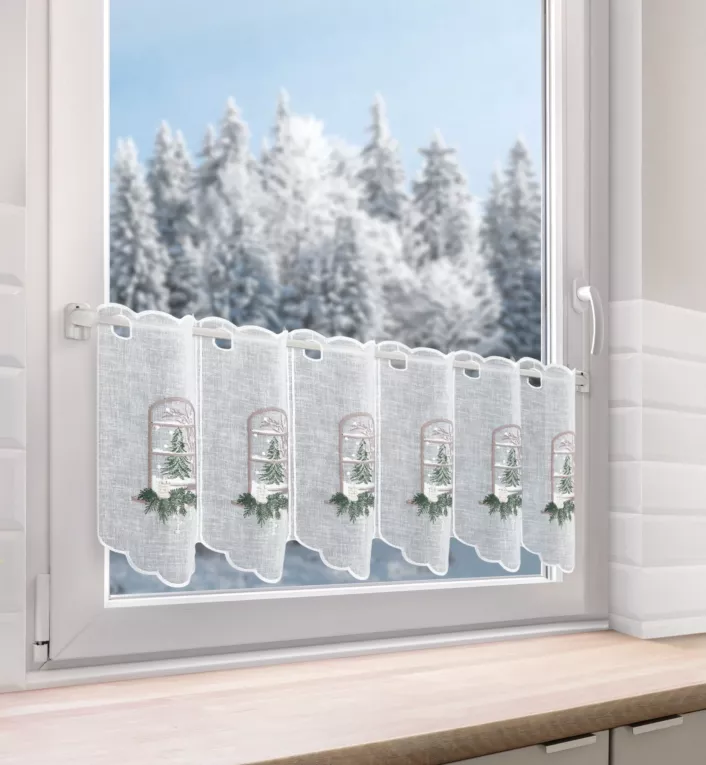 Tkanina firanowa zazdrostka zdobiona światecznym haftowanym wzorem Eurofirany