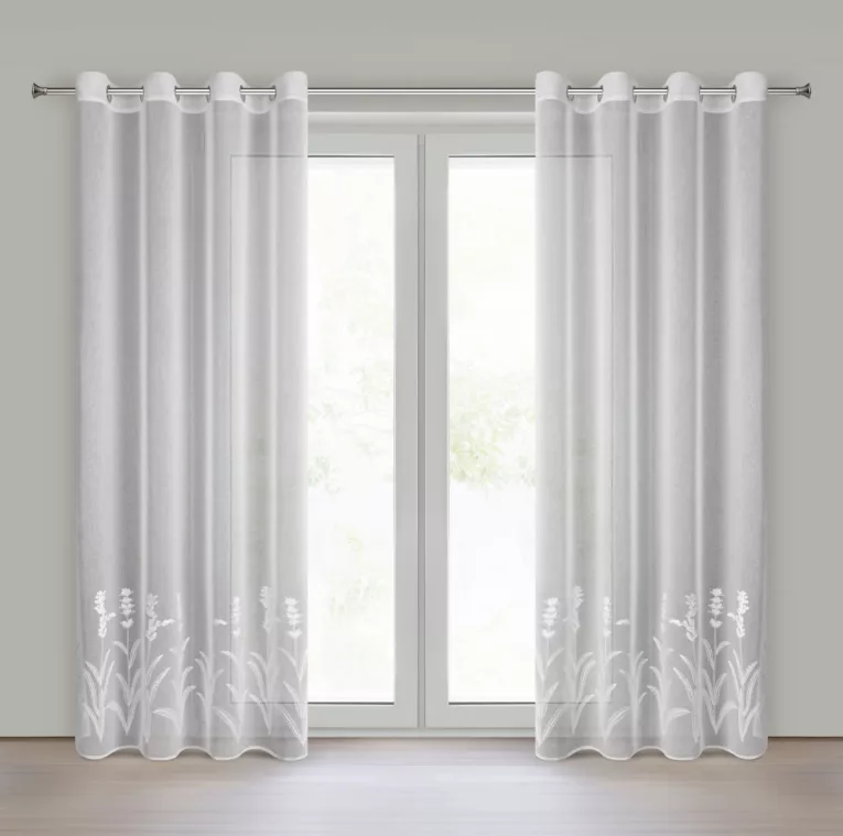 Firana biała z etaminy zdobiona haftem roślinnym 140x250 cm przelotka - TONYA Eurofirany