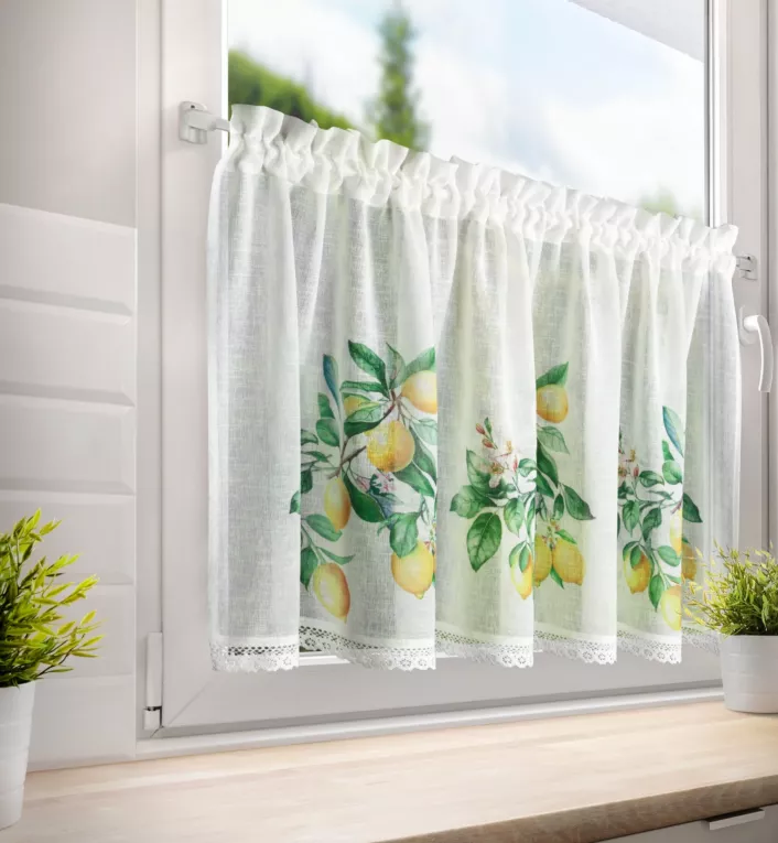 Zazdrostka biało, zielona z etaminy zdobiona nadrukiem cytryn 60x150cm tunel CLOE Eurofirany