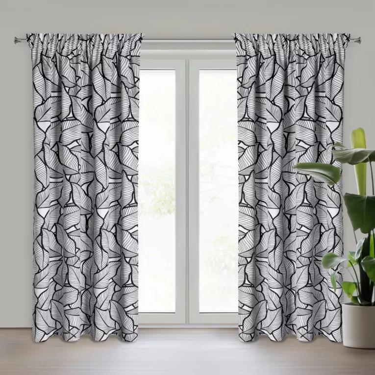 Zasłona biało, czarna zdobiona nadrukiem liści 140x270 cm taśma ROMI Eurofirany
