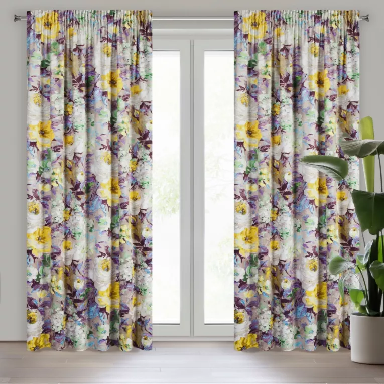 Zasłona beżowo, żółta w kwiaty peonie z tkaniny welwetowej 140x270 taśma AMELIE Eurofirany