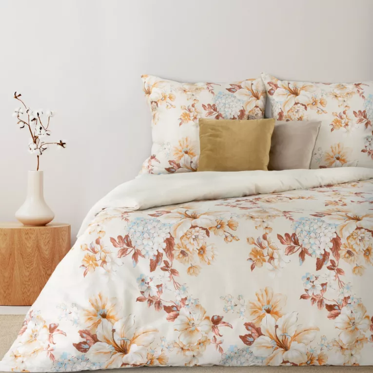 Pościel 220x200 cm z satyny bawełnianej kolor kremowy, ceglasty z kwiatowym wzorem NELLY 3 Eurofirany