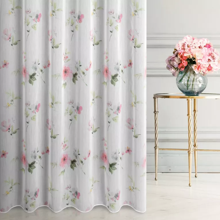 Firana szyta na tunelu biało jasnopomarańczowa z miękkiej tkaniny batystowej z nadrukiem w kwiaty