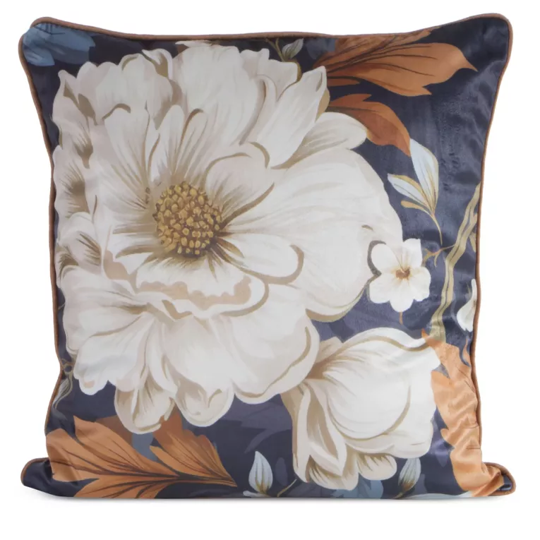 Poszewka na poduszkę 45x45 cm welwetowa  granatowo, kremowa z nadrukiem kwiatów FLORA 2