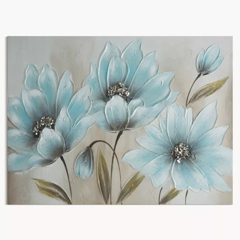 Obraz ręcznie malowany na płótnie ze srebrnymi drobinkami i kwiatowym motywem