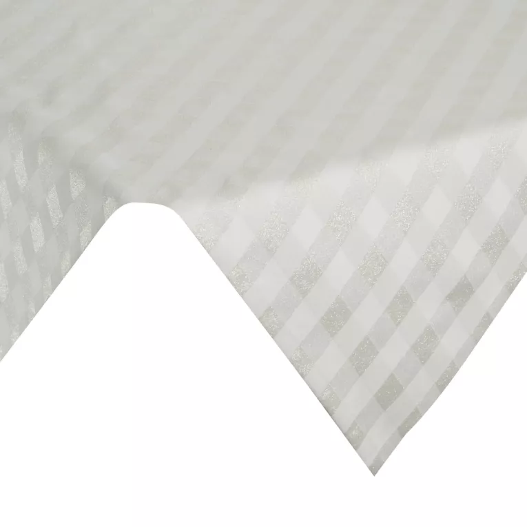 Obrus na stół kremowy 85x85 cm z żakardowej tkaniny FLASH świąteczny w krateczkę przetykany jasnozłotą nicią