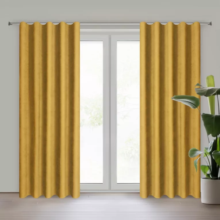 Zasłona musztardowa z tkaniny welurowej 120x240 cm szerokość po zmarszczeniu fala 1:1,5 Dora Eurofirany