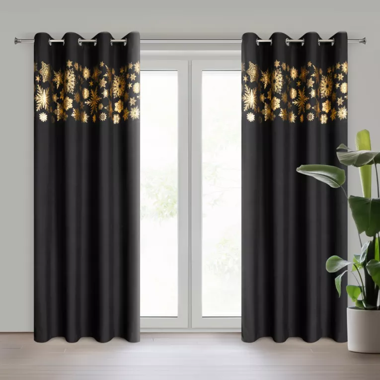 Zasłona czarno, złota zdobiona świątecznymi śnieżynkami 140x250 przelotka ASTRA Eurofirany