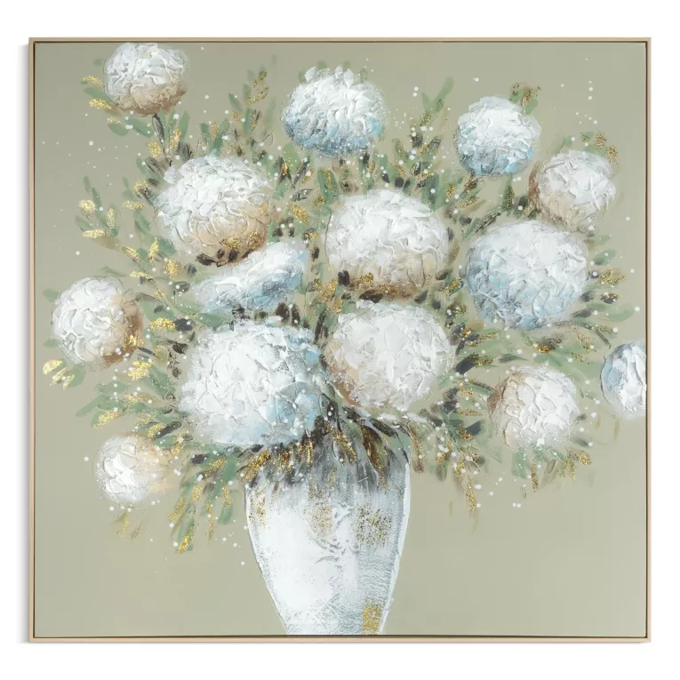 Obraz kremowo, beżowy ręcznie malowany z motywem kwiatów oprawiony w ramę 102x102 cm Eurofirany