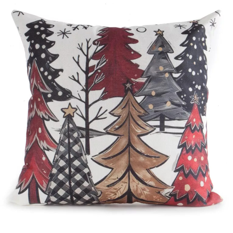 Poszewka na poduszkę świąteczna 45x45 cm o naturalnym splocie zdobiona choinami Eurofirany