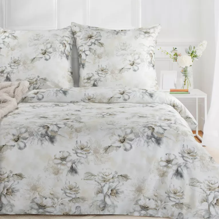 Pościel 220x200 cm satyna bawełniana kolor jasnobeżowy, jasnoszary z wzorem roślinnym SPRING 73 Eurofirany