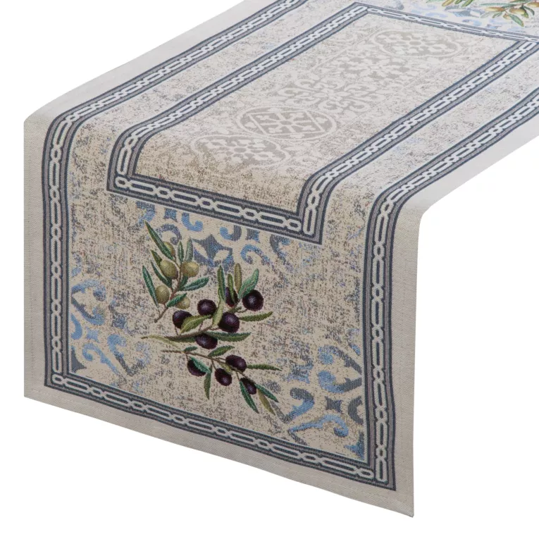 Bieżnik na stół naturalno, niebieski 40x100 cm gobelinowy w stylu śródziemnomorskim