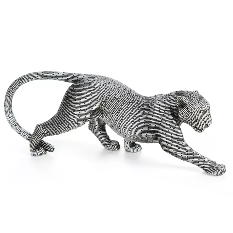 Figurka srebrna w kształcie geparda z metaliczną geometryczną strukturą 34x8x12 cm ZURI Eurofirany