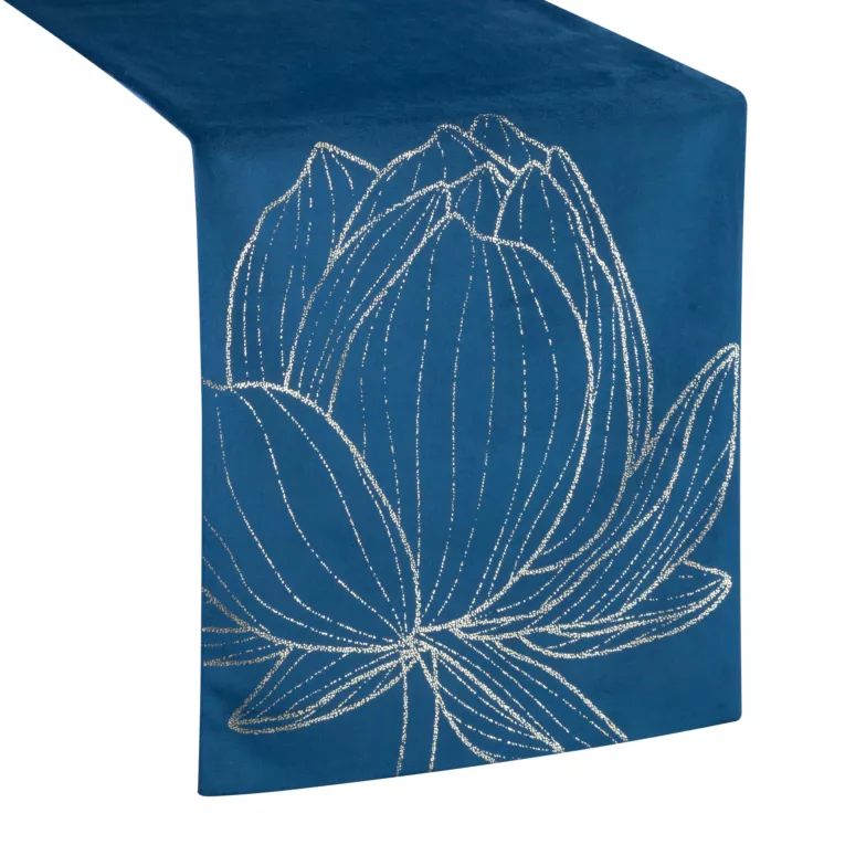 Bieżnik na stół granatowo, złocisty 35x140 cm welwetowy BLINK 12 z dużym wzorem kwiatu lotosu
