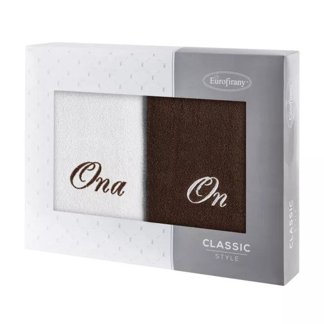 Zestaw ręczników bawełnianych 2 szt 50x90 cm z haftem ONA I ON kolor kremowy,brązowy 400 g/m2 Eurofirany