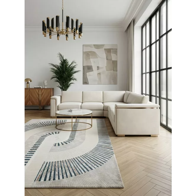 Dywan 60x100 cm kremowo, niebieski z modernistycznym, łukowym wzorem CRYSTAL3 Eurofirany