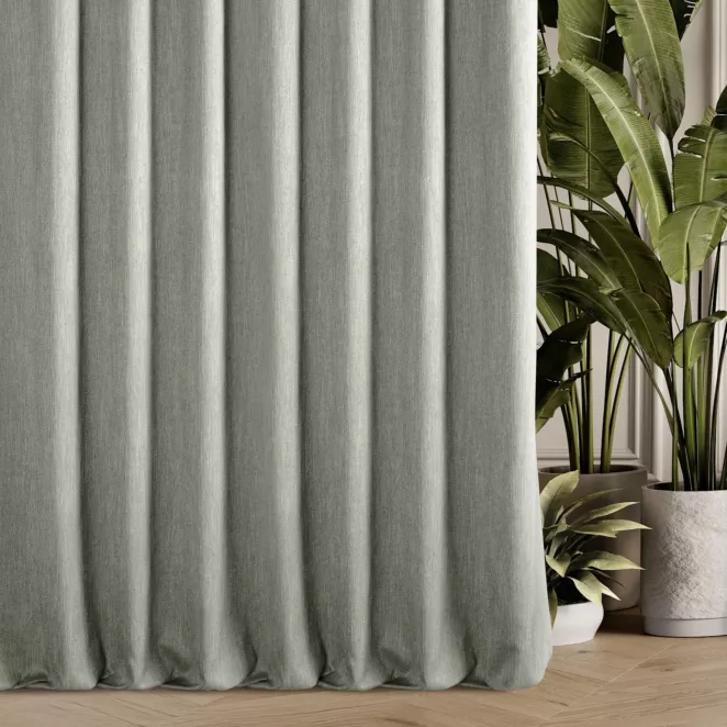 Zasłona szyta na flexach jasnozielona z tkaniny o naturalnym splocie z efektem melanżu