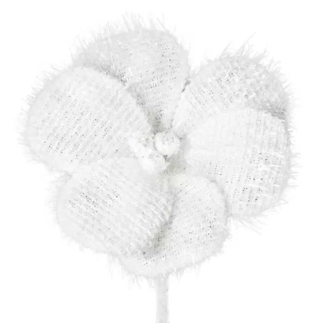 Biały kwiat dekoracyjny na choinkę z puszystego materiału 15 cm Eurofirany