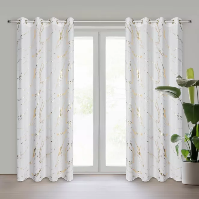 Zasłona biało, złocista zdobiona nadrukiem marmurku 140x250 cm przelotka LANI Eurofirany