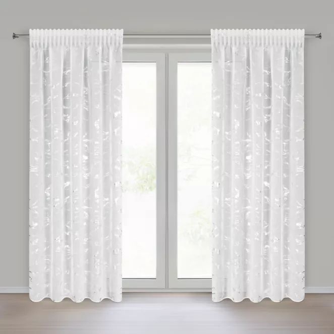 Dekoracja okienna biało, srebrna z etaminy zdobiona błyszczącym marmurkowym wzorem 140x270 cm taśma ALINA Eurofirany