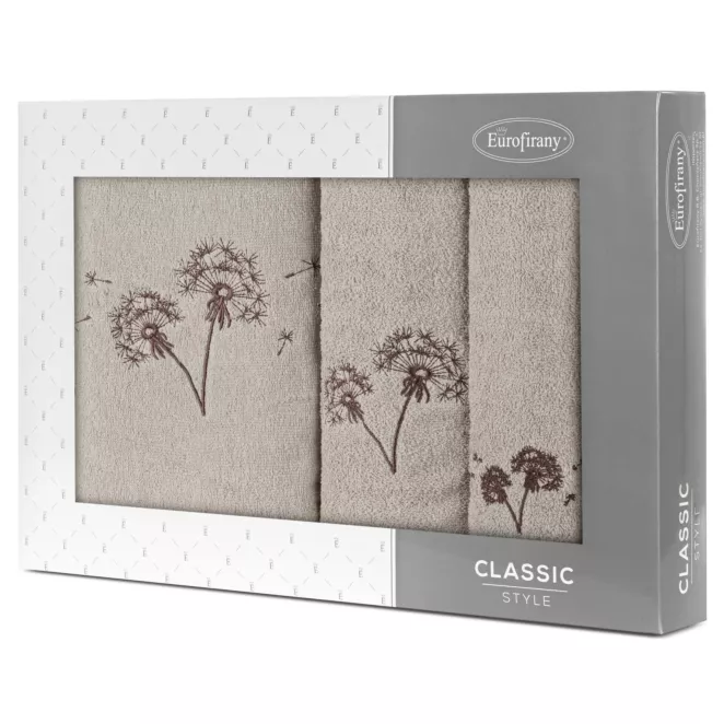 Zestaw ręczników bawełnianych 3 szt kolor beżowy, brązowy z haftem dmuchawca 400 g/m2 MOLI Eurofirany