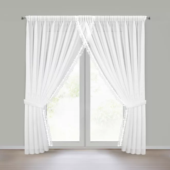 Firana biała z etaminy zdobiona ażurową koronką 400x250 cm troczek w zestawie, taśma - ARTEMIDA Eurofirany