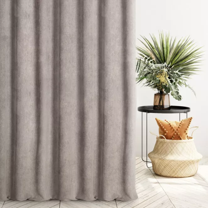 Zasłona szyta na taśmie fala ciemnobeżowa z miękkiej matowej tkaniny szenilowej o naturalnym splocie
