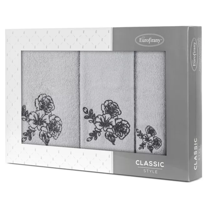 Zestaw ręczników bawełnianych 3 szt kolor srebrny, stalowy z haftem kwiatów 400 g/m2 MELANI Eurofirany